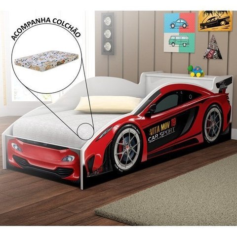 Cama Quarto Carro Infantil Baú com Colchão Grade de Proteção