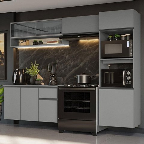 Armário de Cozinha Completa Suspenso 260cm 10 Cinza
