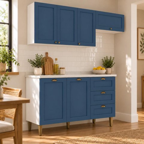 Cozinha Completa Modulada 3 Peças 6 Portas 3 Gavetas 190cm Provençal Branco/Azul - Mademovel
