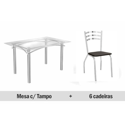 Sala de Jantar Completa Elba c/ Tampo Vidro 150cm + 6 Cadeiras Portugal Cromado/Courano Preto - Kapp