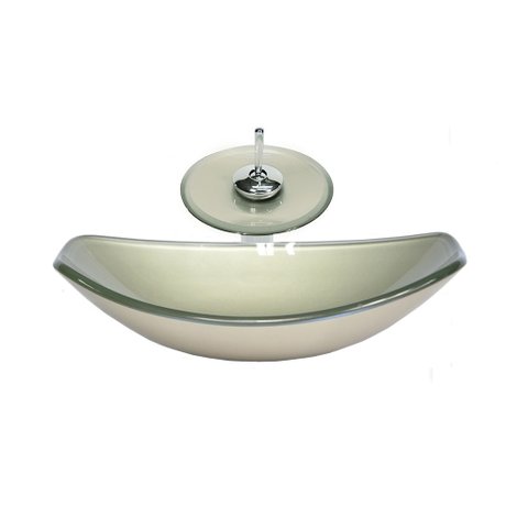 CUBA DE VIDRO OVAL CHANFRADA 46CM CHAMPANHE + VALVULA + TORNEIRA CASCATA
