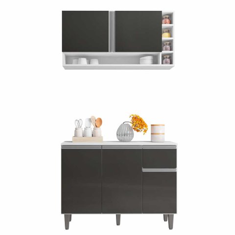 Balcão de Pia e Aéreo Cozinha Vanessa 105cm Branco Cinza 1925 sem Tampo Ajl Móveis