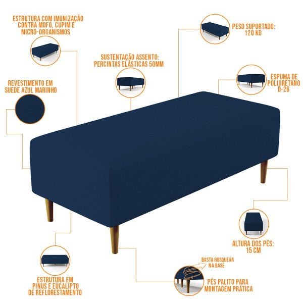 Puff Decorativo Sala de Estar Bali W01 Pés Palito 120x50cm Suede Azul Marinho - 4