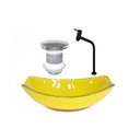 Ver imagem 1 de CUBA DE VIDRO OVAL CHANFRADA 46CM AMARELA + VALVULA + TORNEIRA METAL PRETA
