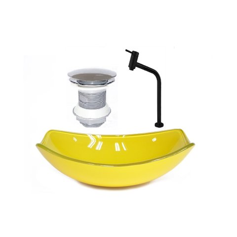 CUBA DE VIDRO OVAL CHANFRADA 46CM AMARELA + VALVULA + TORNEIRA METAL PRETA