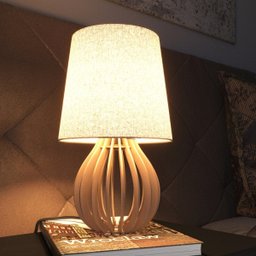 Abajur Luminária de Mesa de Madeira Caramelo Cúpula de Tecido Bege 34cm - Sala Quarto Escritório - 2