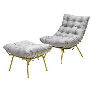 Poltrona Costela Adão Ferro Puff Sala Quarto Recepção Escritório  Decorativa Linho Cinza