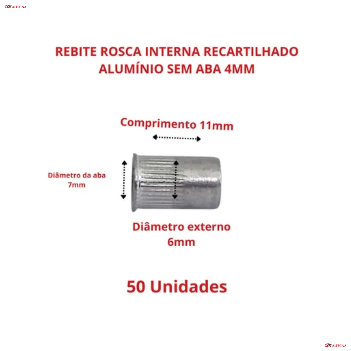 Rebite Rosca Interna Cab Plana Aba Fina M4 Aluminio C/50Unid - 5