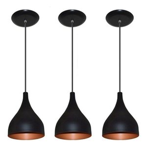 Kit 03 Lustres Pendente Colorido Balcão Cozinha Americana - Preto com Cobre