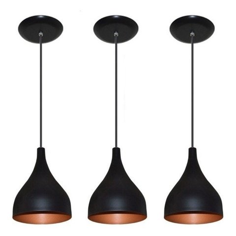 Kit 03 Lustres Pendente Colorido Balcão Cozinha Americana - Preto com Cobre
