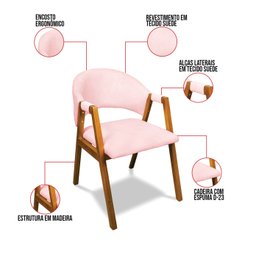 Cadeira Sala de Jantar em Madeira Yara Suede Rosa Bebê D03 - D’Rossi - 3
