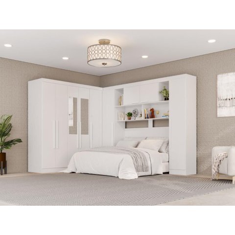 Guarda-Roupa Casal Modulado de Canto com Espelhos 9 Portas 2 Gavetas Multimóveis Branco