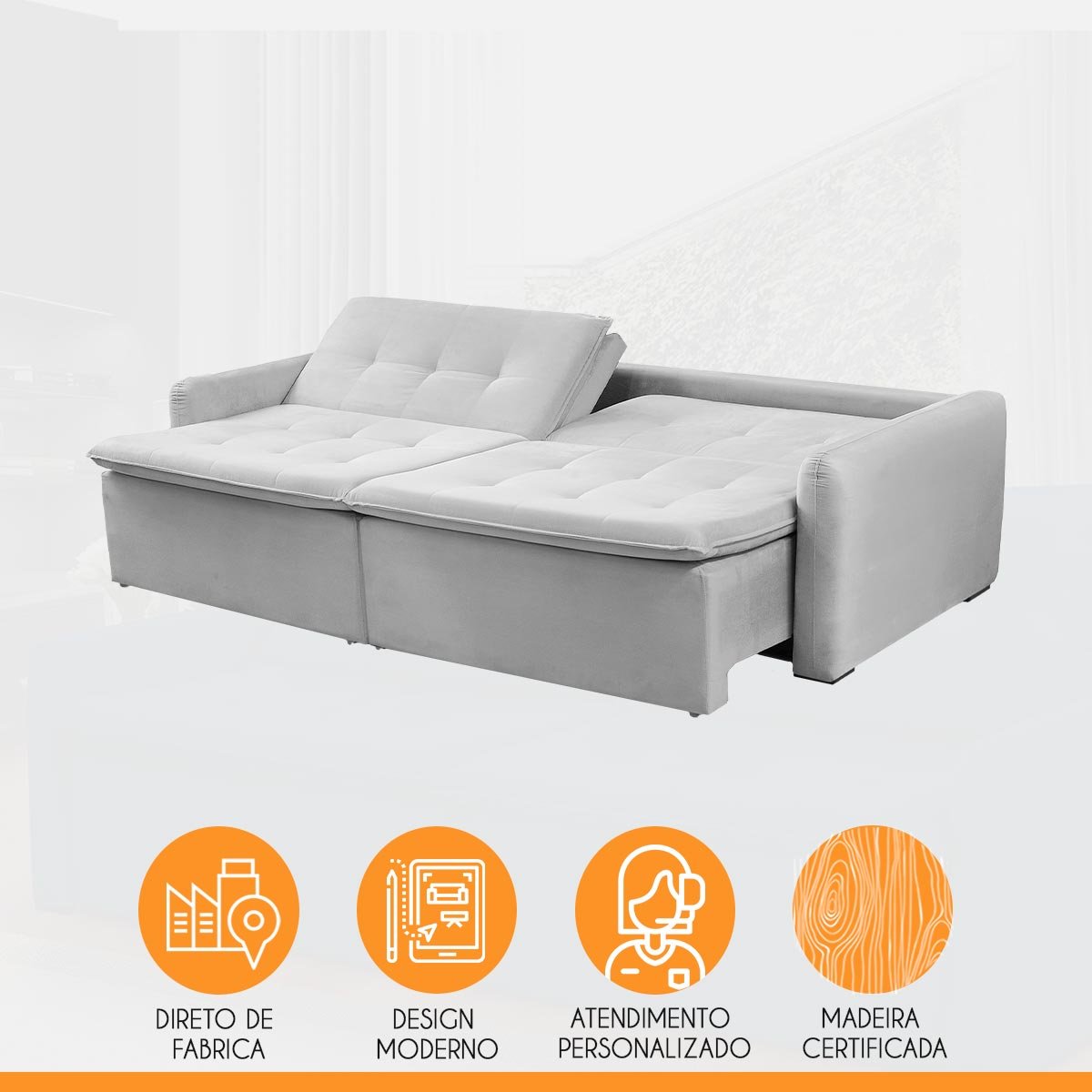 Sofá Cama Retrátil Reclinável 4 Lugares D26 Slim 2,10x1,00m Suede Cinza Claro - Só Sofá - 4