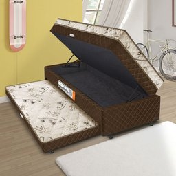Cama Box Baú Solteiro Conjugada com Mola com Cama Auxiliar - Matelassê Marrom - 1