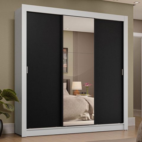 Guarda-roupa Casal 3 Portas de Correr com Espelho 4 Gavetas Branco/preto Sublime Plus Madesa Branco/