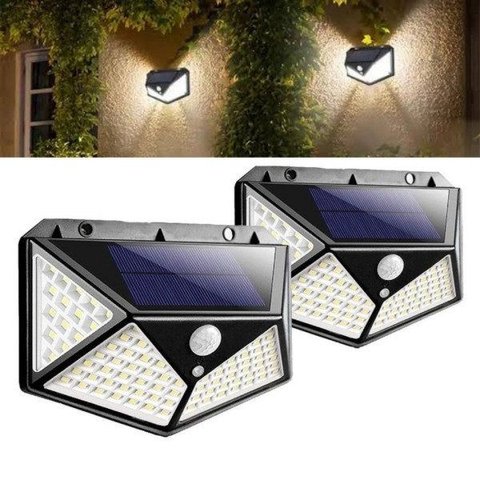 Kit 2 Super Arandelas 100 Led Solar Luminária Parede Sensor de Presença Externo Ip66 6500k