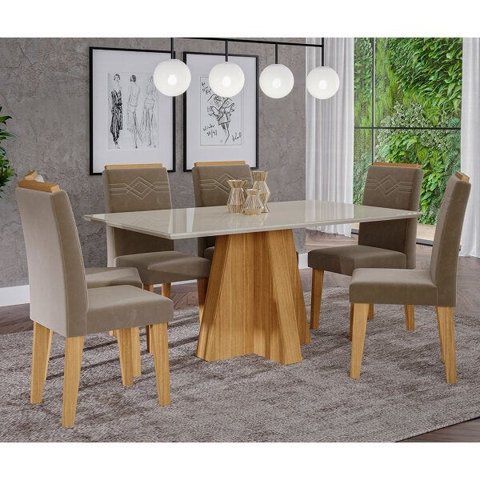 Mesa para Sala de Jantar Patricia 160x80cm e 6 Cadeiras Tais Cimol Nature/Off White/Joli