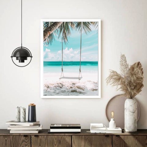 Quadro Decorativo Praia Balanço Coqueiro - 70x50cm:moldura Branca