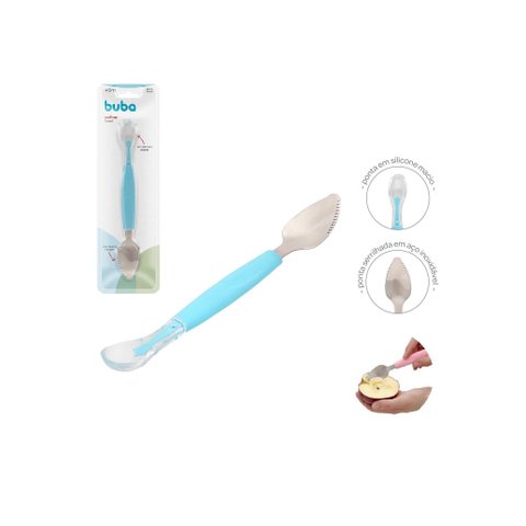 Colher para Bebês Criança 2 em 1 Raspa Frutas Silicone Inox:azul