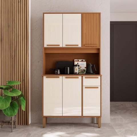 Armário de Cozinha Compacta Fidelitá Bari 90cm 6 Portas 1 Gaveta com Tampo e Fundo Freijó/off-