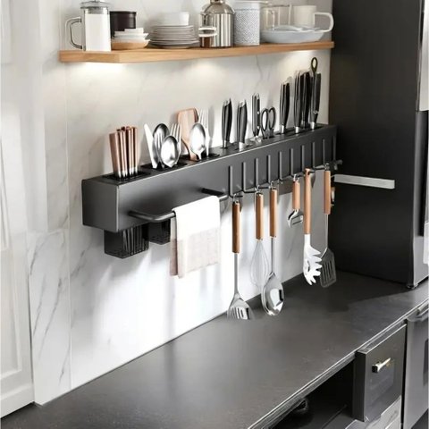 Organizador de Cozinha Aço Carbono Montagem Parede Preto