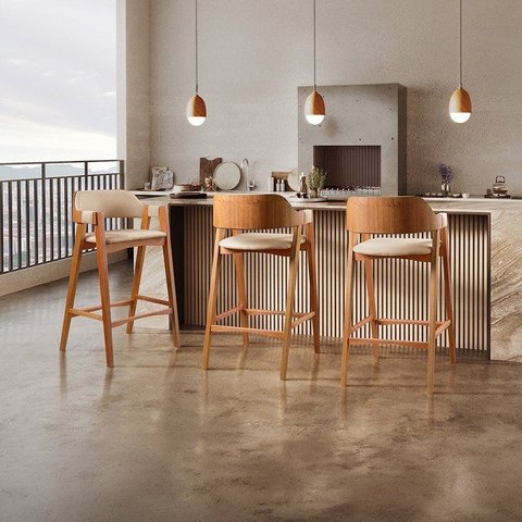 Kit 2 Banquetas Altas em Madeira Maciça Gaia Bege