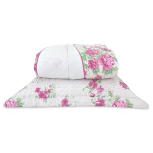 Kit Colcha Cobre Leito Casal Queen 100% Algodão 200 Fios Matelado Floral Rosa 3 Peças