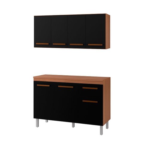 Armário Aéreo 4 Portas e Balcão 3 Portas 120 Cm Vitoriana Savana / Preto