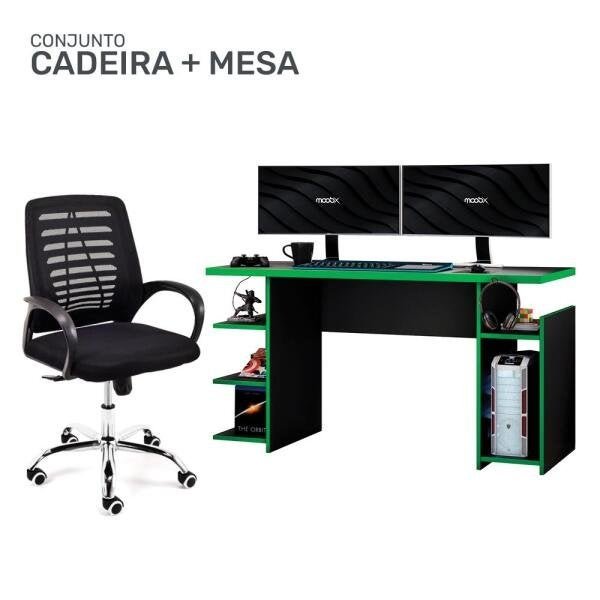 Kit Cadeira Escritório Giratória Viena + Mesa Gamer MX Verde com Gancho para HeadSet - MOOBX - 1