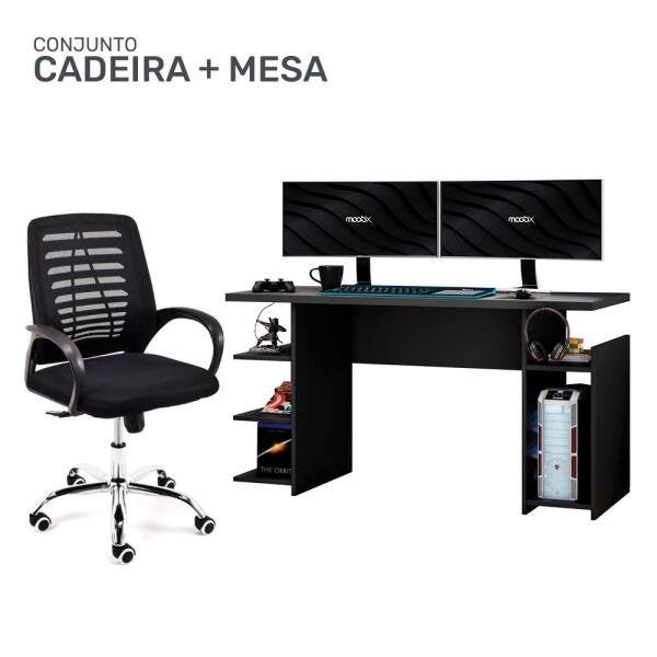 Kit Cadeira Escritório Giratória Viena + Mesa Gamer MX Preta com Gancho para HeadSet - MOOBX