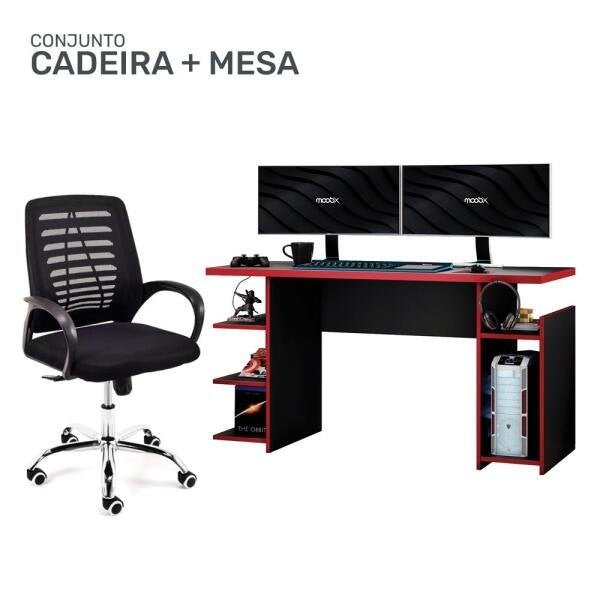 Kit Cadeira Escritório Giratória Viena + Mesa Gamer MX Vermelha com Gancho para HeadSet - MOOBX