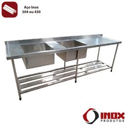 Pia Inox com Prateleira Gradeada e 2 Cubas - Modelo 05 - Inox 430 - 200x70x90 Cm - Cubas 60x50x30 Cm - 2