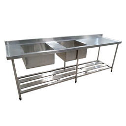 Pia Inox com Prateleira Gradeada e 2 Cubas - Modelo 05 - Inox 430 - 200x70x90 Cm - Cubas 60x50x30 Cm - 1