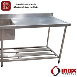 Pia Inox com Prateleira Gradeada e 2 Cubas - Modelo 05 - Inox 430 - 200x70x90 Cm - Cubas 60x50x30 Cm - 5
