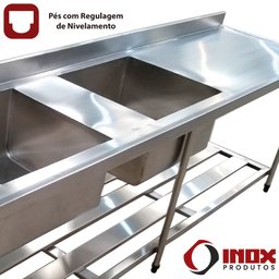 Pia Inox com Prateleira Gradeada e 2 Cubas - Modelo 05 - Inox 430 - 200x70x90 Cm - Cubas 60x50x30 Cm - 7