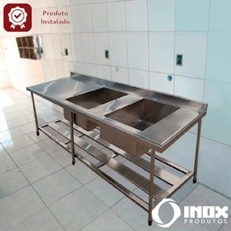 Pia Inox com Prateleira Gradeada e 2 Cubas - Modelo 05 - Inox 430 - 200x70x90 Cm - Cubas 60x50x30 Cm - 4