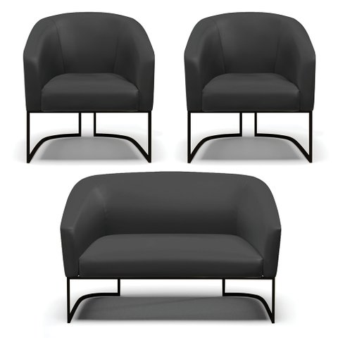 Sofá Namoradeira e 2 Poltronas Base Industrial Preto Stella Corino Preto D03 - D'Rossi