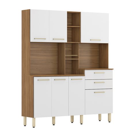 Kit Cozinha Compacta Completa 7 Portas Armário Amêndola/ Branco