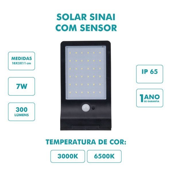 Luminária Solar Parede e Poste LED Sensor Presença e Luz - 3000K - 2