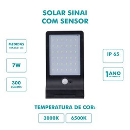 Luminária Solar Parede e Poste LED Sensor Presença e Luz - 3000K - 2