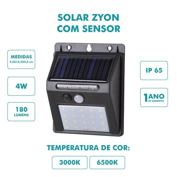 Luminária Solar Sensor de Presença e Luz Balizador 20 Leds - 3000K - 2