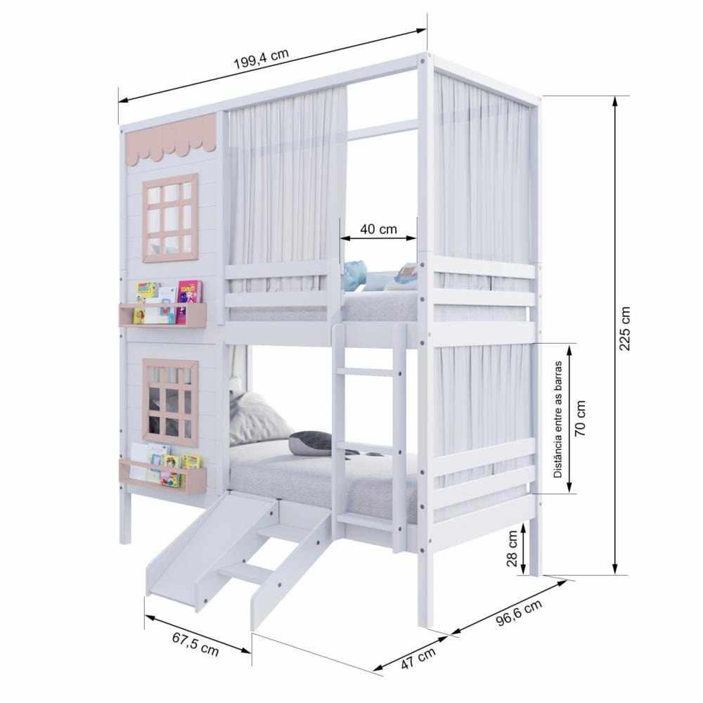 Beliche Casinha Reta com 02 Janelas Escorregador e Cortina Madeira Maciça Branco/ Rosa Housin - 4