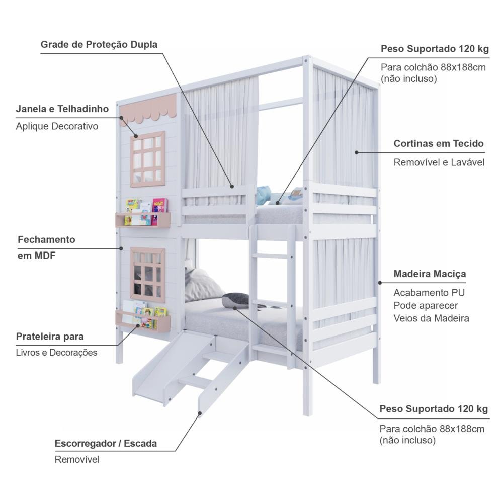 Beliche Casinha Reta com 02 Janelas Escorregador e Cortina Madeira Maciça Branco/ Rosa Housin - 3