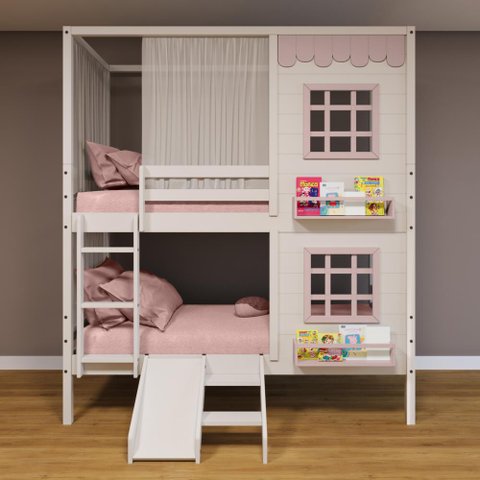 Beliche Casinha Reta com 02 Janelas Escorregador e Cortina Madeira Maciça Branco/ Rosa Housin