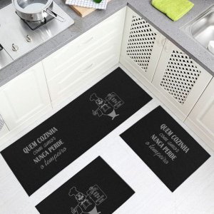 Jogo Tapete Cozinha Preto Algodão Antiderrapante 3 Peças Chefe Cinza