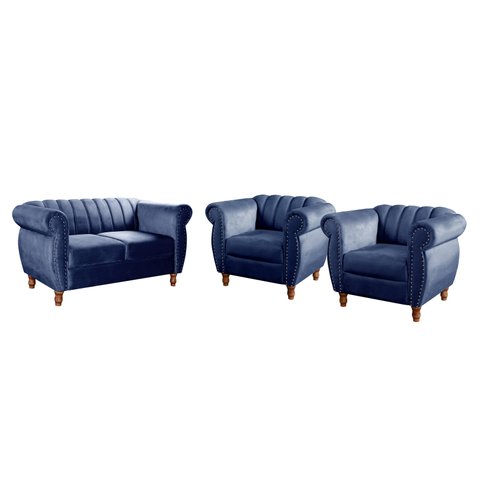 Conjunto Realeza Sofá com Poltronas Chesterfield Decoração Sala Recepção - Suede Azul Marinho