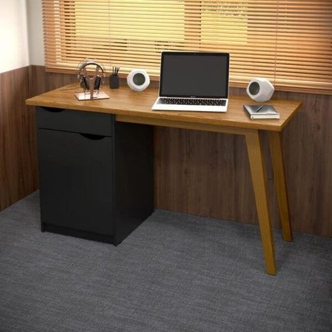 Escrivaninha Mesinha Para Computador Retro Home Office Com Porta Gaveta Prism Preto/Cumaru