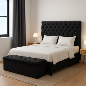 Conjunto Cabeceira Casal Casal + Calçadeira Baú Sofia 140cm Sintético Preto