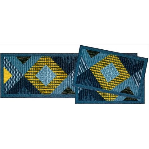 Kit 3 Peças Passadeira Tapete Cozinha 110cm x 36cm e 60cm x 36cm - Geométrico - Amarelo