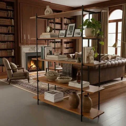 Estante de Madeira Maciça com Pés em T Ferro Preto para Sala